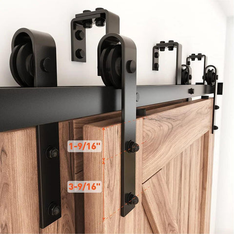 13 Foot Double Track Bypass Sliding Barn Door Hardware Kit For Two Doors With J Shape Hangers, side view installation