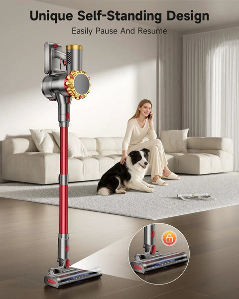 AIPOWAY cordless vacuum cleaner with red wand, self-standing design in a living room.