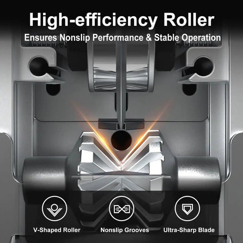 Close-up of a drill powered and manual two in one wire stripping tool for 0.06 to 1 inch wires with high-efficiency roller