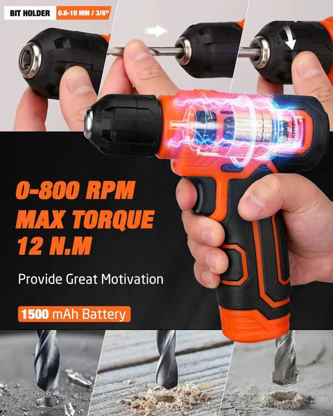 Hand holding 8V cordless drill from 139 Piece Tool Set With 8V Cordless Drill Driver In Sturdy Toolbox Case Must Have Home Repair Kit