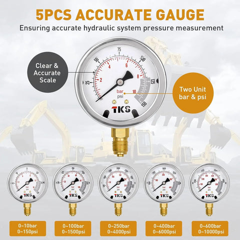 Hydraulic pressure test kit with 5 gauges and brass fittings; dual bar/psi scale, 0–10 to 0–600 bar.