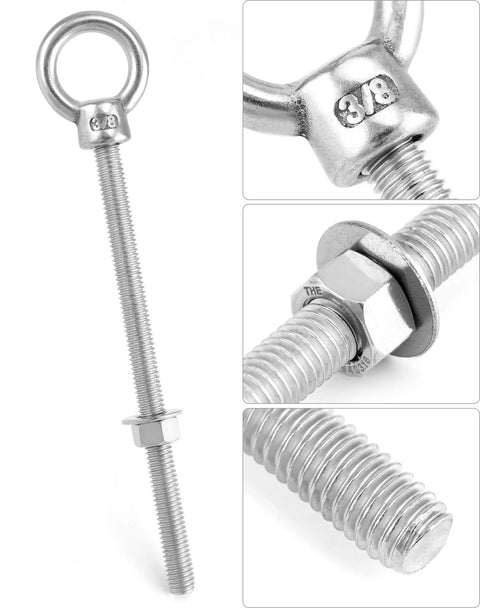 316 Stainless Steel Machinery Eye Bolt With Shoulder 3 Eighths Inch By 6 Inches Long Marine Grade Eyebolt Pack Of 5 Threaded Eyebolts Corrosion Resistant Lifting Hardware WD30279, close-up showing details.