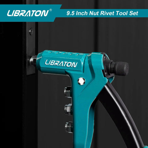 One Handed Rivet Nut Gun Kit with 80 Threaded Nuts and 8 Interchangeable Mandrels in use on metal surface