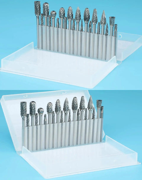 Three Collets and Twenty Carbide Burr Bits Set For Rotary Tools With One Eighth Inch Shank, stored in a clear plastic case