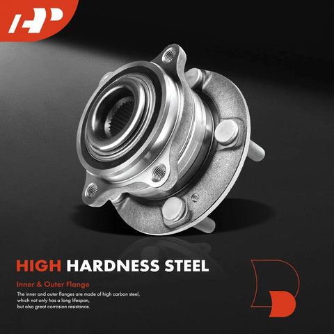 Close-up of heavy-duty rear wheel hub bearing assembly for 5-lug AWD vehicles, showing high hardness steel structure.