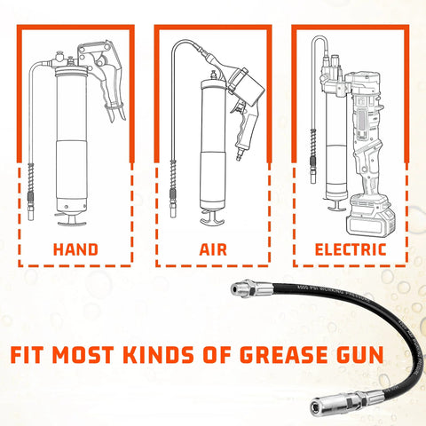 Grease gun hose extension, 12-inch flexible whip, 4500 PSI, with coupler for hand-operated grease guns