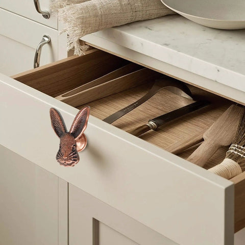 Cute 4 Pack Rabbit Drawer Knobs With 3D Bunny Head Design For Kids Rooms And Furniture Zinc Alloy Decorative Cabinet Pulls With Antique Finish Bolwhao installed on kitchen drawer