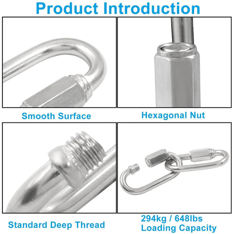 Set Of 6 304 Stainless Steel D Shape Locking Quick Connectors Three Sixteenth Inch M5 Thread Heavy Duty Chain Links close-up