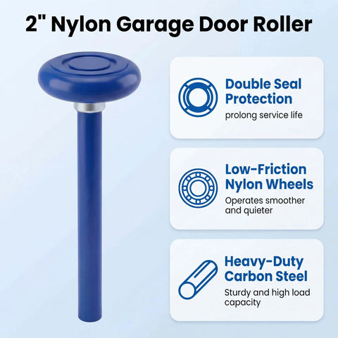 2 inch nylon garage door roller with double seal protection, low-friction nylon wheels, and heavy-duty carbon steel.