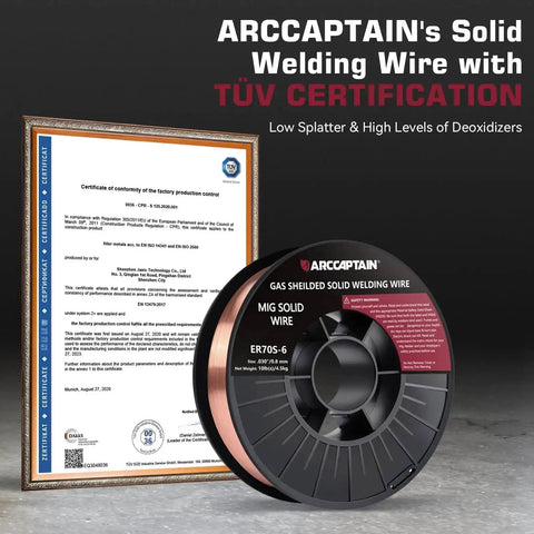 Pro Grade Mig Welding Wire 0.030 ER70S6 10 Lb Spool Low Splatter For Steel Smooth Feed And Deep Penetration Compatible With Lincoln Miller Forney Harbor Welders displayed with TÜV certification