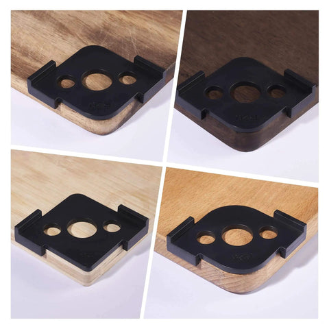 Radius Jig Router Templates 4 Pack With 8 Radius Sizes For Woodworking showing black ABS templates on wood edges