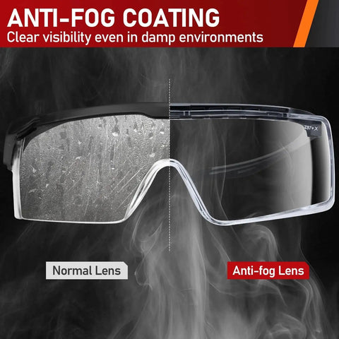 Over Eyeglasses Safety Glasses With Anti Fog ANSI Z87.1 UV And Adjustable Arms, showing normal vs anti-fog lens comparison