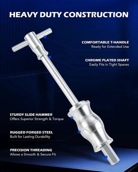 Heavy duty slide hammer from 30 Piece Bearing Puller And Housing Removal Set for Cars ATVs Light Trucks, featuring T-handle and chrome-plated shaft.