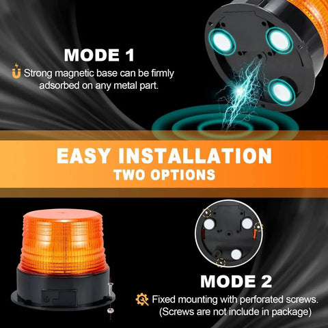 Front view: Amber magnetic cordless beacon light with magnetic base; dual mounting options for trucks.
