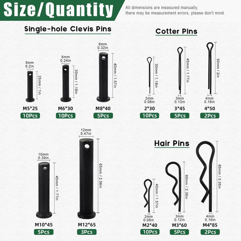 Assortment of 11 sizes clevis, cotter, hair pins; All In One 67 Piece Flat Head Cotter Pins Assortment Kit With R Clips Clevis Pins And Split Cotter Pins Stainless Steel Black Finish 11 Sizes For DIY Auto Home Improvement Projects Keadic