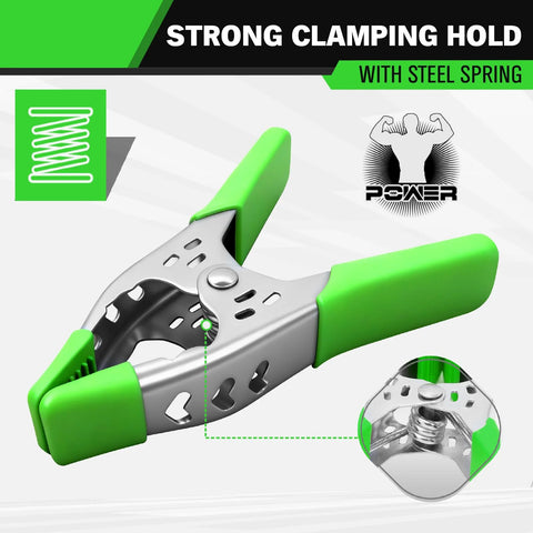 Green-handled metal spring clamp with steel spring and 2.4-inch jaw opening