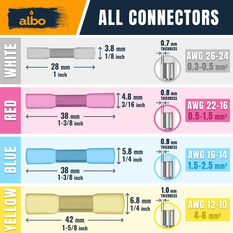 ALBO heat shrink butt connectors, insulated automotive terminals; color-coded white 28mm, red 38mm, blue 38mm, yellow 42mm.