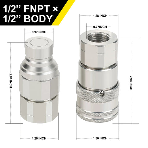 ANCIMOON 2-pack 1/2 in FNPT x 1/2 in body metal chrome flat-face hydraulic couplers with 4 dust covers