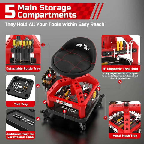 Beefy Heavy Duty Rolling Shop Stool For Garage With Casters Adjustable Height 360 Degree Swivel Seat Tool Tray Storage 330 Lbs Capacity Padded Mechanic Stool Magnetic Tool Hold Red with storage compartments.