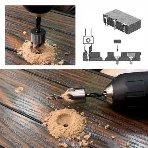 Drilling with 7 Piece Countersink Drill Bit Set For Wood High Speed Steel Bits With Centering Three Point Design And Five Edged Chamfer