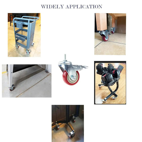 Swivel Stem Casters Heavy Duty Double Locking Castors With Red PU Wheels shown on various equipment and furniture