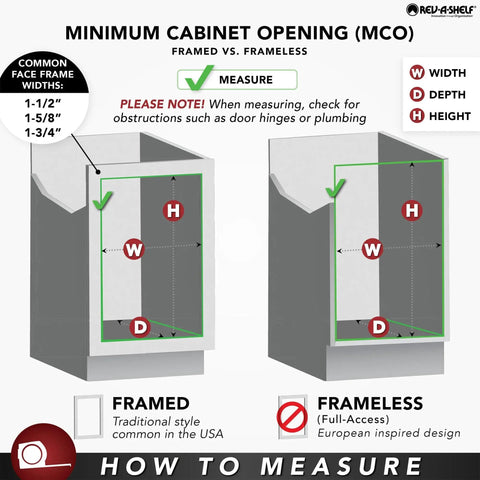 Diagram for minimum cabinet opening with framed vs. frameless styles, showing measurement guides for installing 32 Inch Kidney Shaped Wood Lazy Susan With 360 Degree Swivel Bearings For In Cabinet Kitchen Organization Easy Install Inside Cabinet Access Pots Pans Dishes And Gadgets With Full 360 Degree Rotation.
