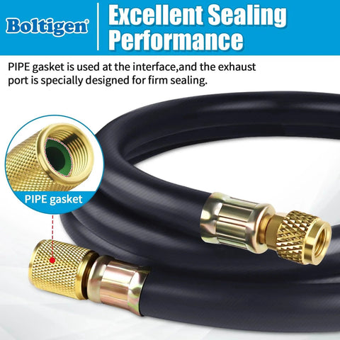 High Flow Half Inch ID Vacuum Refrigerant Hose For HVAC Systems Six Foot Long With Three Eighths To One Quarter Flare Fittings Vacuum Certified For AC And Refrigeration Burst Pressure 3200 PSI Working Pressure 640 PSI Black Boltigen with excellent sealing performance and pipe gasket