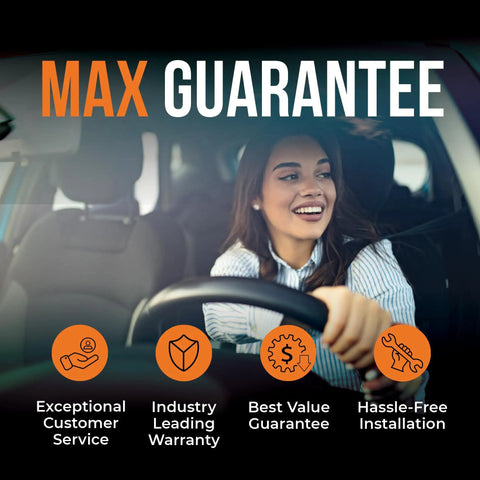 Woman smiling while driving, highlighting the Max Guarantee for exceptional customer service and hassle-free installation.