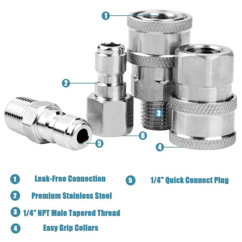 2 Sets NPT 1/4 Inch Pressure Washer Quick Connect Coupler Kit Stainless Steel Male And Female Fittings With Threads