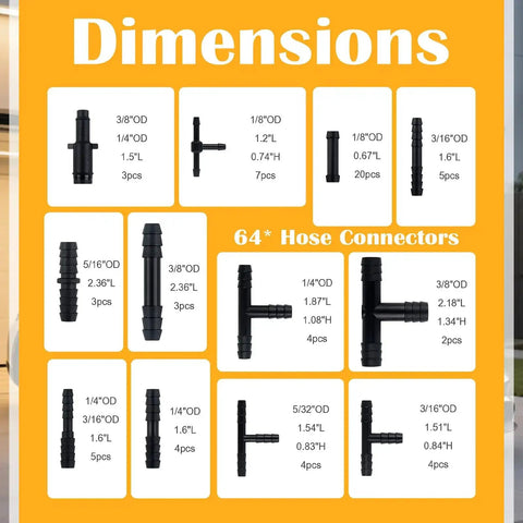 Diagram showing 64 connectors for Six Piece Silicone Vacuum Hose Kit For Automotive Use with various sizes and types.