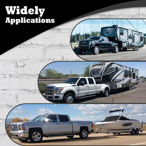 Trailer brake magnet kit collage showing trucks towing RVs and boat trailers