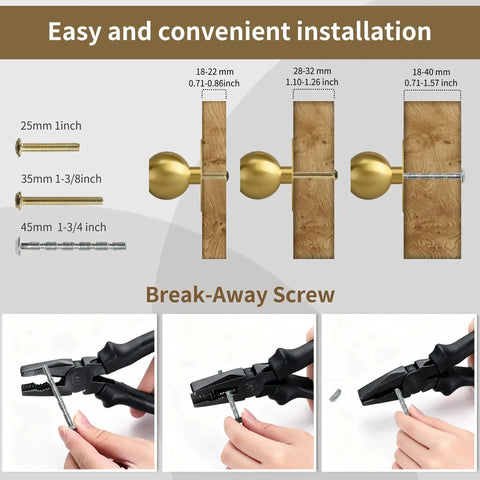 Installation guide for Solid Brass Gold Cabinet Knobs 4 Pack, showing break-away screws and easy installation steps.