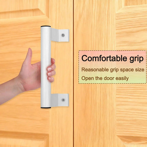 Person gripping 8 Inch White Aluminum Sliding Door Handle installed on wooden door with text 'Comfortable grip'. Two Pack 8 Inch Aluminum Sliding Door Handle Set In White, White Alloy Sliding Door Pull Handles For Patio And Bathroom, Comfort Grip, Easy Installation, Durable Aluminum Alloy Construction With Polished Finish, Smooth Sliding Operation.
