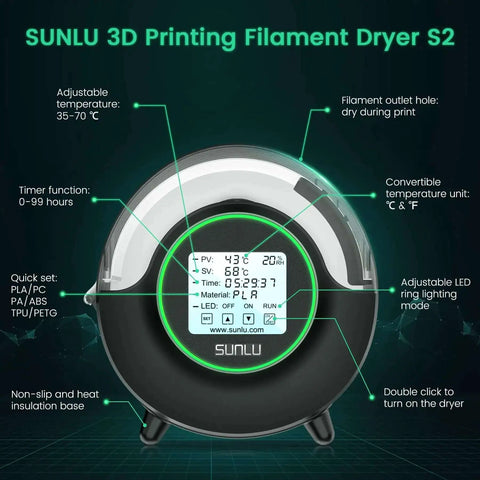 Filament Dryer S2 for 3D Printer showing temperature controls and features, built-in circulation fan, sturdy black box design.