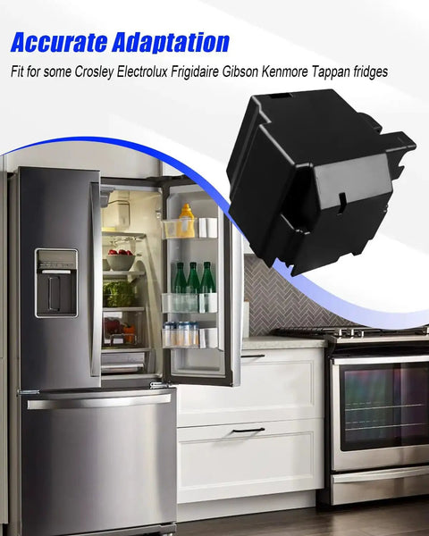 Refrigerator start relay and overload kit shown with open fridge, fits Crosley, Electrolux, Frigidaire, Gibson, Kenmore, Tappan models