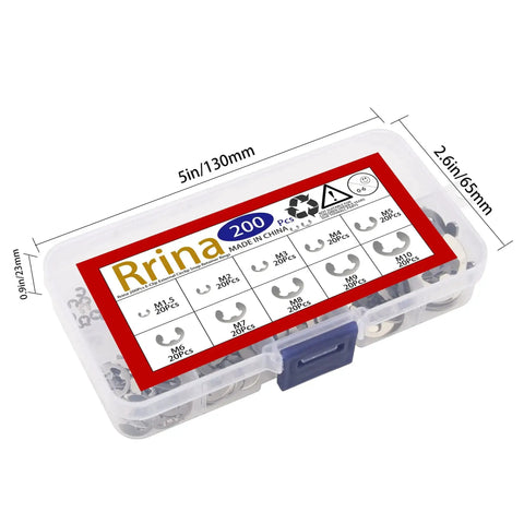 Box containing 200Pcs 304 Stainless Steel E Clip External Retaining Rings Kit Circlips Snap Rings 10 Sizes From 1.5mm To 10mm