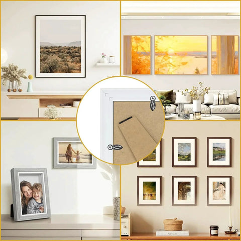 Gunmetal Picture Frame Turn Button Fasteners Set With 100 Backing Clips And 100 Screws For Hanging Photos Artwork And Drawings Durable Frame Hardware Kit For No Fuss Install By PinCute shown in use with various framed artworks on walls and shelves.