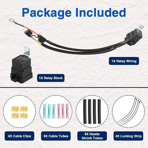 Package contents of Direct Fit Beefed-Up Fuel Pump Relay Wiring Kit with relay wiring, block, clips, tubes, and shrink tubes.