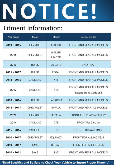 Notice board showing fitment information for various car models including Chevy Malibu, Buick Regal, Cadillac XTS, GMC Terrain, and Saab.