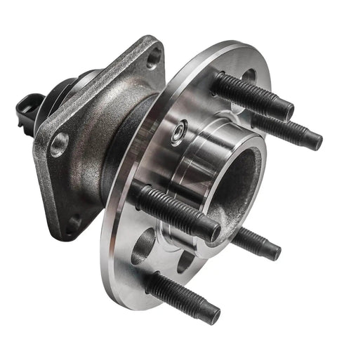 Close-up of 2pc Rear Wheel Hub and Bearing Assembly for Chevrolet Malibu, Buick Lucerne LeSabre, 5-lug with ABS Sensor Cap Replacement