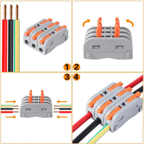 60 Pcs Colorful Lever Nut Wire Connectors Set For 28-12 AWG Compact Inline Splices shown with wires inserted and levers up for connection.