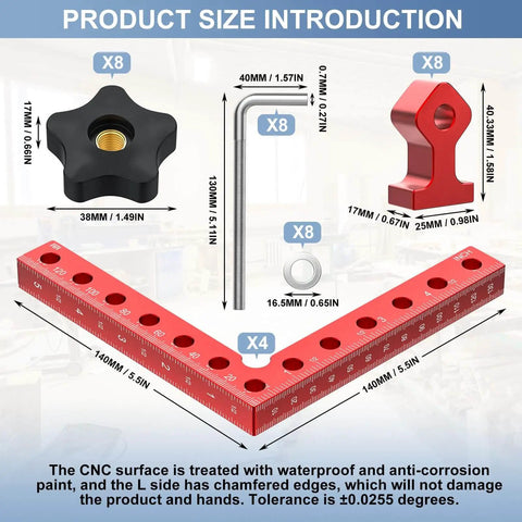 Right Angle Corner Clamp Set For Woodworking Pro Grade Aluminum Alloy showing components and dimensions