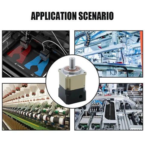 6 Arcmin Helical Planetary Gearbox Reducer For 8mm Stepper Motor And 14mm 60ST Motors, shown in various industrial setups