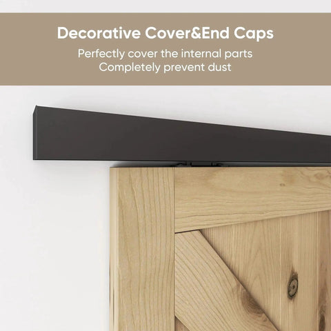 Close-up of Six Foot Sliding Barn Door Hardware Track Kit Aluminum Box Rail Wall Mount Interior Wooden Doors with cover and caps.