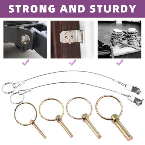 15 Piece Spring Loaded Lynch Pin Kit With 7/16 x 1-3/4 Inch Pins, shown with stainless steel lanyard cables and quick release ring.