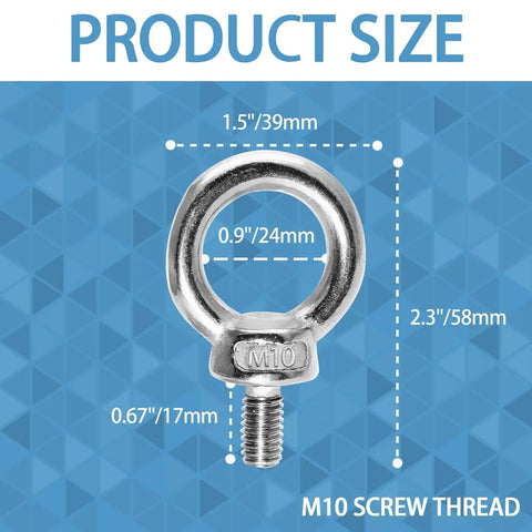 Four Pack M10 Eye Bolts Stainless Steel 304 Rustproof Lifting Eyebolt Ring With Shoulder 58mm Height product size diagram