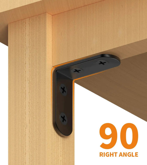 Black Stainless Steel L Brackets Set of 18 With 72 Screws Storage Tin right angle brace installed on wooden shelf