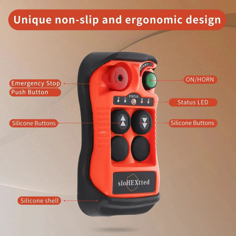 Front view of Wireless Crane Remote Control 2 Channel 110V Transmitter Receiver For Hoist with labeled buttons and silicone shell.