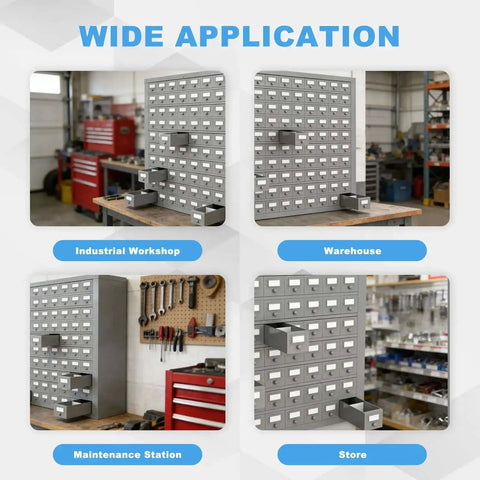 100-Drawer Cold Rolled Steel Storage Cabinet With Divider And 10-Tier Tool Organizer Rack for various industrial settings.