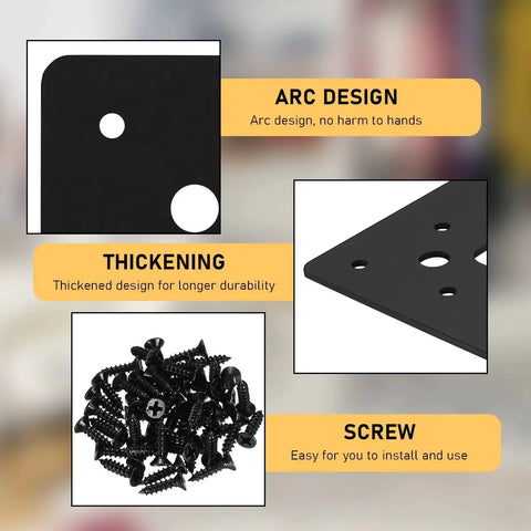 Details of Beefy L Shaped Corner Brackets 4 By 4 By 1.25 Inch, black steel, screws included, showing arc design for safety and ease